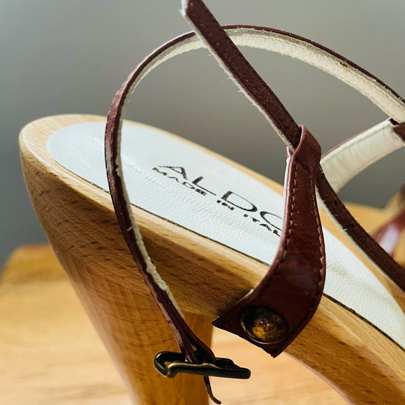 Aldo Brown Leather Strappy Platform Wood Heels Studded Size 37 Italy - Picture 8 of 12